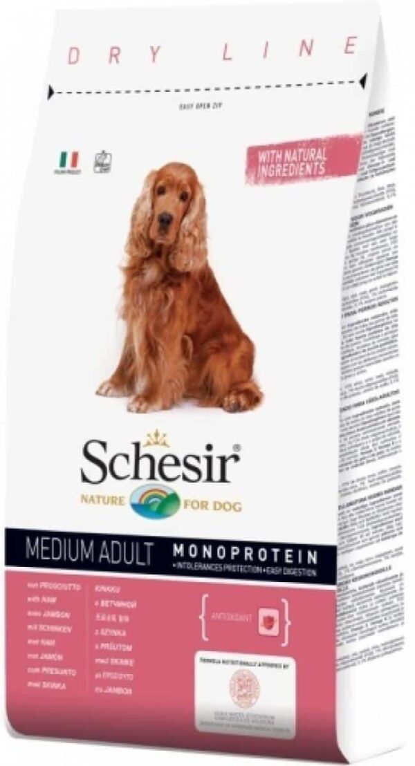 Schesir – monoprotein prosciutto adult- пълноценна храна с прошуто , за куче в зряла възраст – различна разфасовка