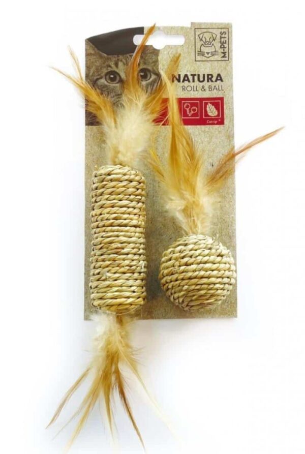 M-pets – natura roll & ball – котешка играчка руло + топка с пера, натурална
