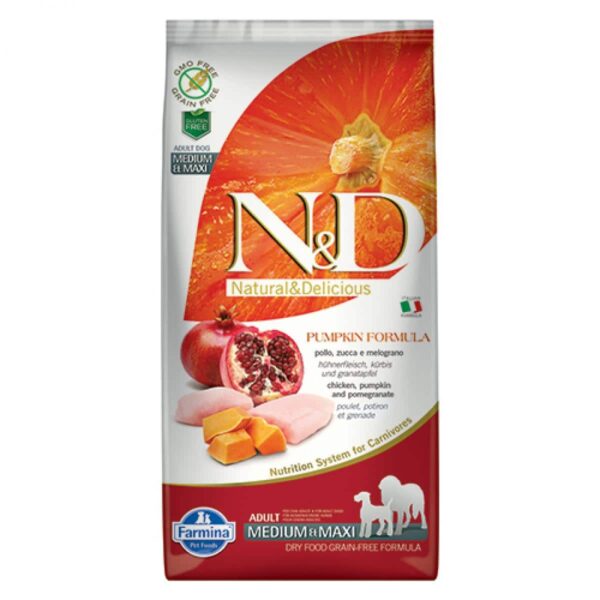 N&d – pumpkin adult med&maxi chicken & pomergrante – суха храна за кучета израснали от средни и големи породи с тиква, пиле и нар