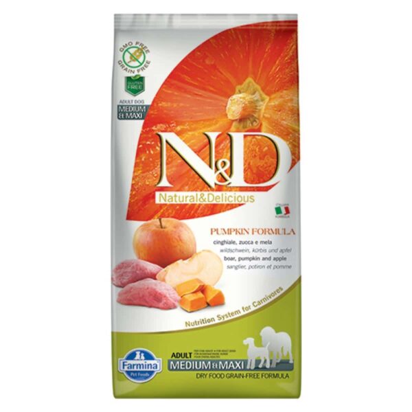 N&d – pumpkin adult med&maxi boar & apple – суха храна за кучета израснали от средни и големи породи с тиква, глиганско и ябълка