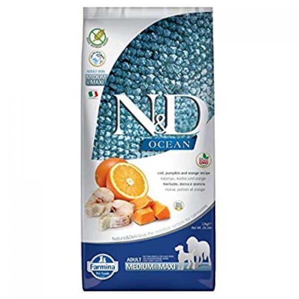 N&d – ocean adult med&maxi – суха храна за кучета израснали от средни и големи породи с тиква, риба треска и портокал