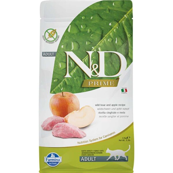 N&d – prime adult cat boar & apple – пълноценна храна за котки над 1 г. С глиганско месо и ябълка