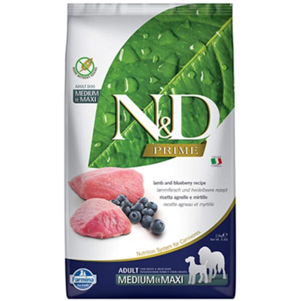 N&d – prime grain-free adult medium & maxi – lamb & blueberry – пълноценна храна за кучета в зряла възраст от средни и едри породи