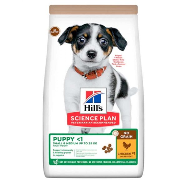 Hill`s мисия приятел завинаги - hills – science plan no grain puppy small&medium – суха храна за куче с пиле за подрастващи от малките и средни породи под 25кг на възраст до 1 година 12кг