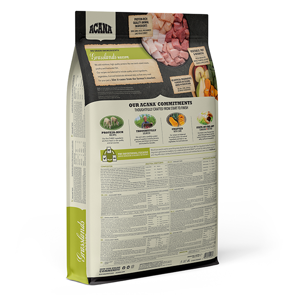 ACANA-Highest-Protein-Grassland-Dog-Back-Right Acana grasslands – суха храна за кучета от всички породи с агне патица и риба 11. 4 кг