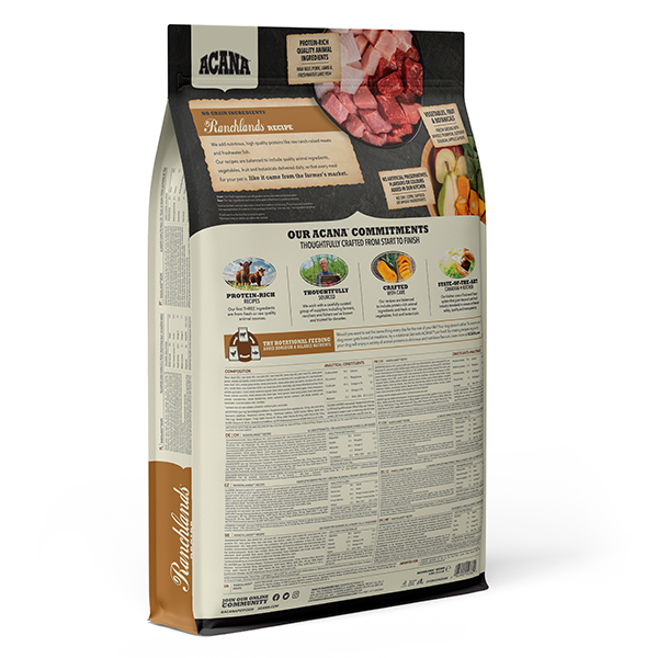 ACANA-Highest-Protein-Ranchlands-Dog-Back-Right Acana ranchlands – суха храна за израснали кучета от всички породи с говеждо агнешко и бизонско месо 11. 4кг