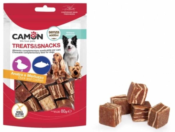 Camon – treats snacks – меки хапки във формата на кубчета с патешко месо и риба 80 гр.