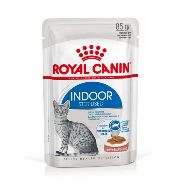 Royal canin - royal canin – indoor in gravy – хапки в сос грейви за кастрирани котки над 1 година живеещи на закрито 12х85г