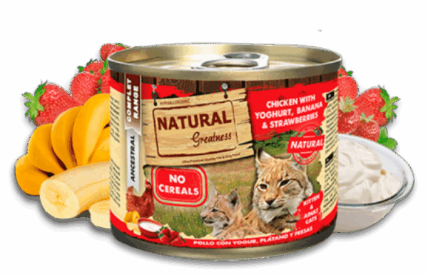 Котки - natural greatness – kitten chicken & yoghurt with banana and strawberries – консерва за малки и големи котки пиле с йогурт, банан и ягоди 200гр