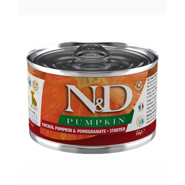 N&d – pumpkin dog chicken & pomegranate starter mini – консервa за подрастващи кученца от мини породи с пилешко и нар 140гр