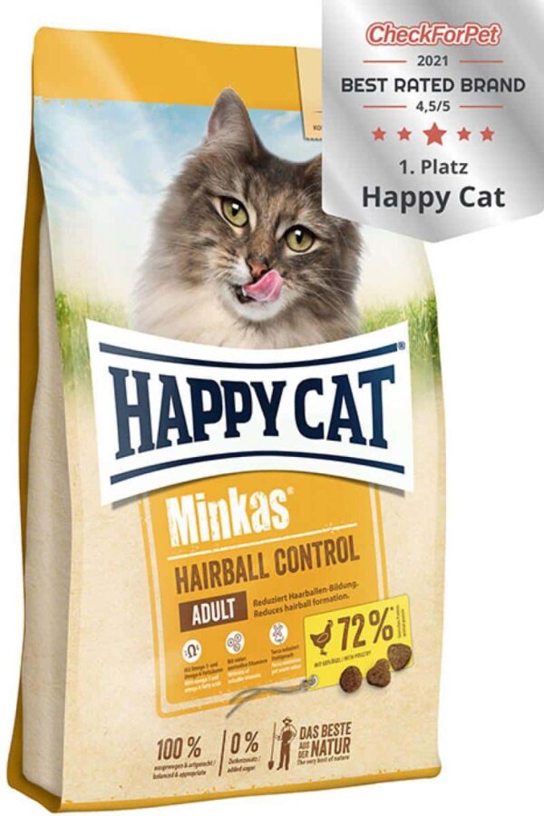 Котки - happy cat – minkas hairball control poultry – суха храна за котки с пилешко за минимизиране на топките косми