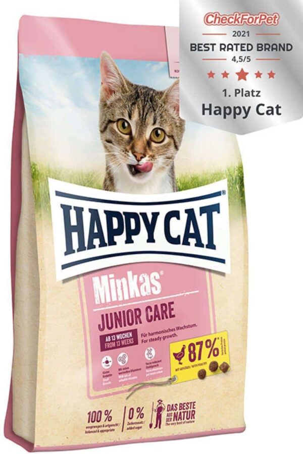 Котки - happy cat – minkas junior care poultry – суха храна за подрастващи котенца след 13 седмица