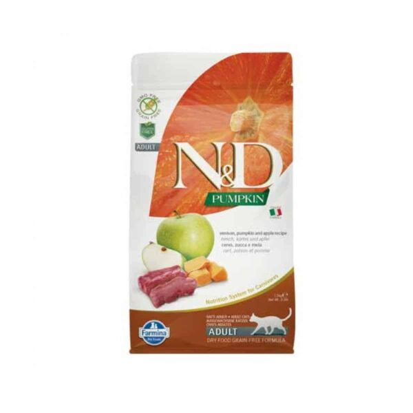 N&d – pumpkin adult cat venison & apple – за котки в зряла възраст с еленско месо, тиква и ябълки