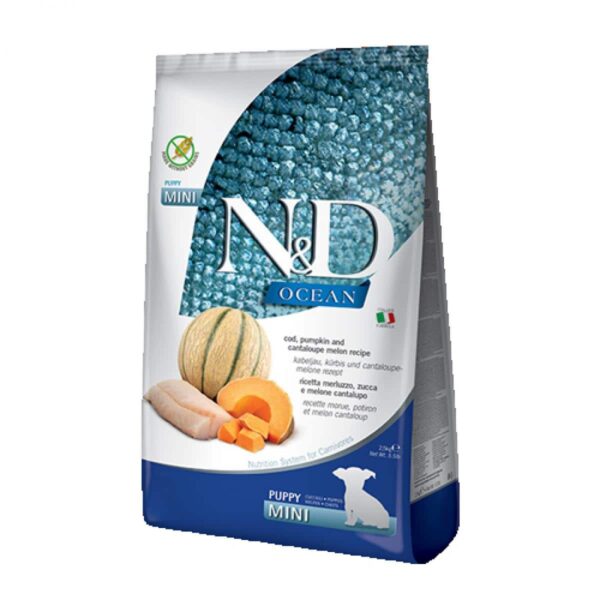 N&d ocean dog cod pumpkin cantaloupe melon puppy mini – суха храна за подрастващи кученца от мини породи с риба треска, тиква и пъпеш