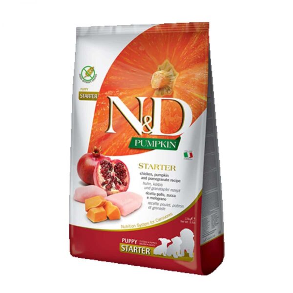 N&d – pumpkin dog chicken & pomegranate starter puppy all breeds – суха храна за подрастващи кученца от всички породи с пилешко, тиква и нар