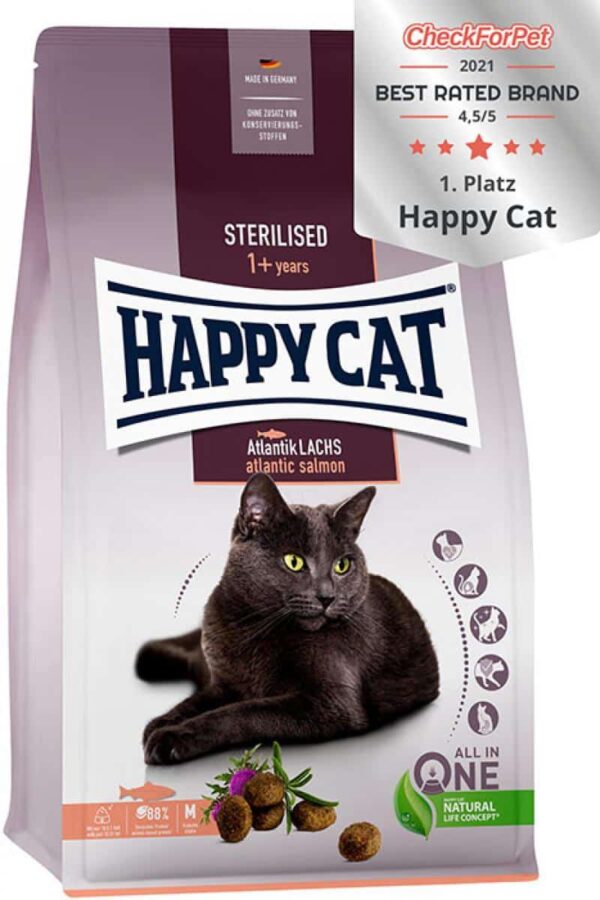 Котки - happy cat – sterilised adult atlantic salmon – суха храна за кастрирани котки с атлантическа сьомга