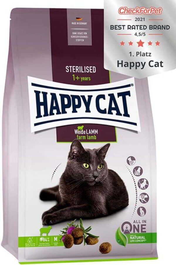 Котки - happy cat – sterilised adult pasture-raised lamb – суха храна за кастрирани котки с агнешко