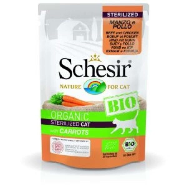 Schesir – adult pouch – храна за кастрирани котки с говеждо, пиле и моркови
