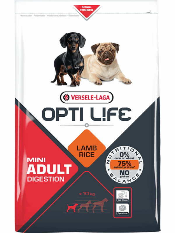 Versele laga – opti life adult digestion mini – храна с агнешко за дребни породи кучета с чувствителна храносмилателна система