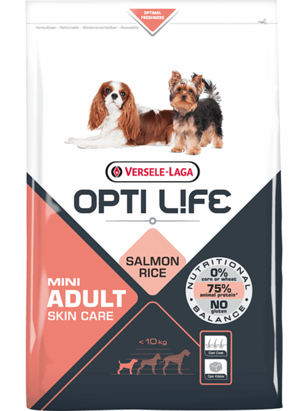 Versele Laga – Opti Life Adult Skin Care Mini – храна със сьомга за дребни породи кучета с чувствителна кожа и козина