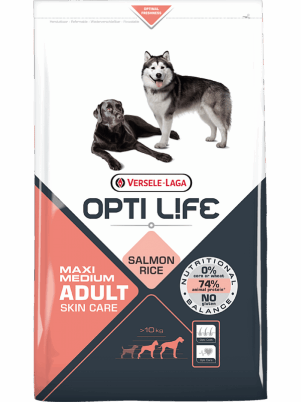Versele Laga  – Opti Life Adult Skin Care Medium & Maxi – храна със сьомга за средни и едри породи кучета с чувствителна кожа и козина