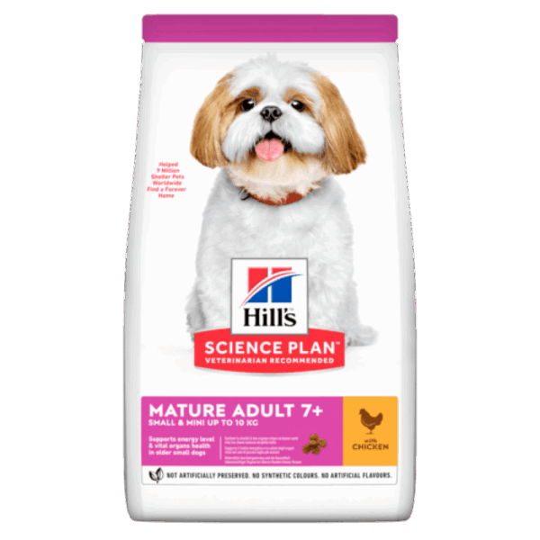 Hill`s мисия приятел завинаги - hills science plan mature small and mini chicken – пълноценна суха храна за кучета от дребни породи на възраст над 7 години с пилешко