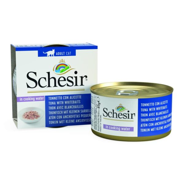 Котки - schesir – nature in cooking water tuna and whitebait with rice – консерва за котка с риба тон и атерина с ориз в собствен сос 85 гр