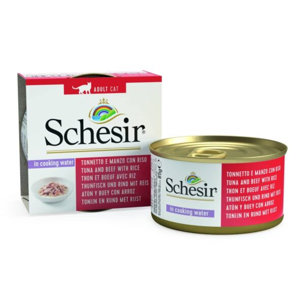 Котки - schesir – nature in cooking water tuna and beef with rice – консерва за котка с  риба тон и говеждо с ориз в собствен сос 85гр