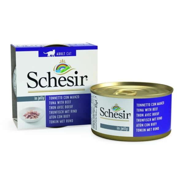 Schesir – nature in jelly tuna with fillet beef – консерва за котка с риба тон и говеждо в желе 85гр