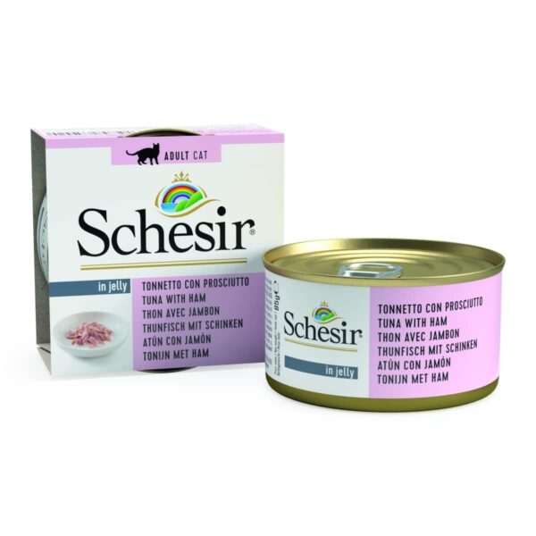 Консерви за котка - schesir – nature in jelly tuna with ham – консерва за котка с риба тон и шунка в желе 85гр
