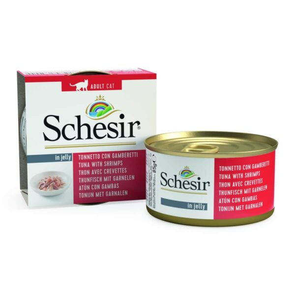 Schesir – nature in jelly tuna with shrimps – консерва за котки с риба тон и кралски скариди в желе 85 гр.