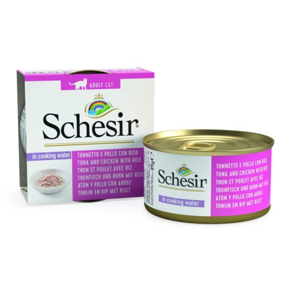 Schesir – nature in cooking water tuna and chicken with rice – консерва за котка с риба тон и пиле с ориз в собствен сос 85 гр