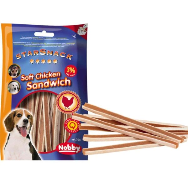 Наградки - nobby – starsnack soft chicken sandwich – лакомство с пилешко месо и риба 70 гр.