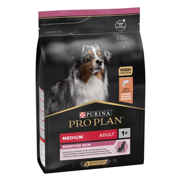 Purina Pro Plan Adult Medium Sensitive Skin – суха храна за израснали кучета от средни породи с чувствителна кожа със сьомга