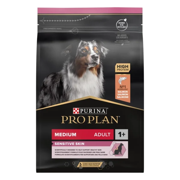 Purina pro plan adult medium sensitive skin – суха храна за израснали кучета от средни породи с чувствителна кожа със сьомга