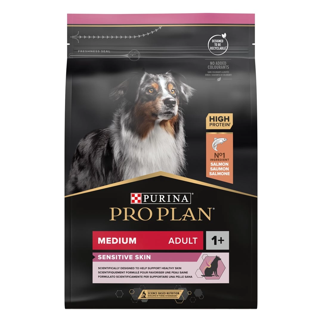 Purina pro plan adult medium sensitive skin - суха храна за израснали кучета от средни породи с чувствителна кожа със сьомга