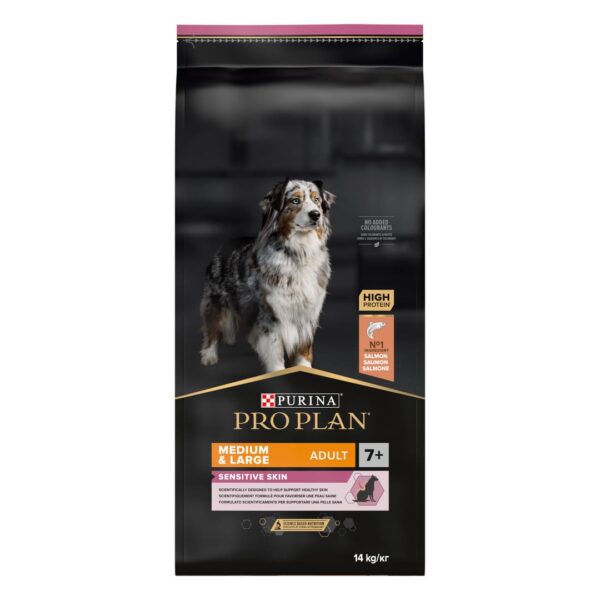 Purina pro plan senior medium and large sensitive skin – суха храна за възрастни кучета от средни и големи породи при чувствителна кожа със сьомга 14кг