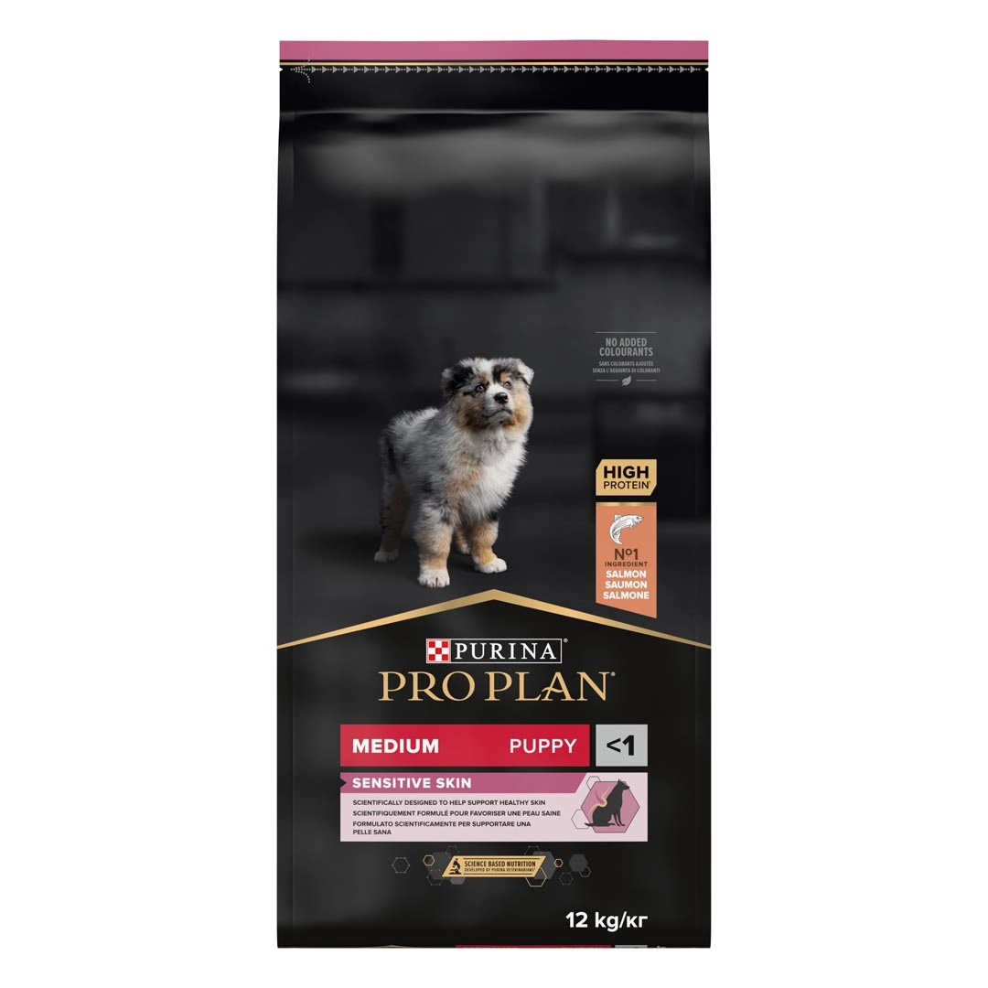 Purina pro plan puppy medium sensitive skin - суха храна за кучета до 1 година от средни породи с чувствителна кожа със сьомга 12кг