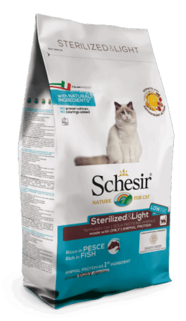 Котки - schesir sterilized & light with fish – суха храна за котки кастрирани или с наднормено тегло с риба
