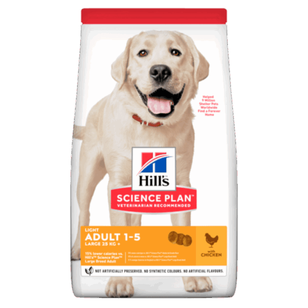 Hill`s мисия приятел завинаги - hills – science plan adult light large breed chicken – суха храна за куче от едри породи с понижени енергийни нужди на възраст от 1 до 5г – 14кг
