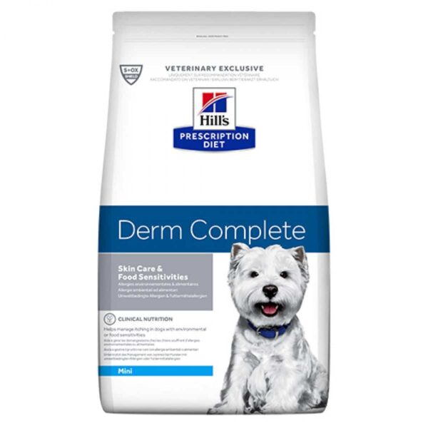 Hills – prescription diet derm complete mini canine – суха диетична храна за поддържане на кожата в случай на дерматоза и загуба на козина при хранителни непоносимости при кучета в зряла възраст от дребните породи до 10кг