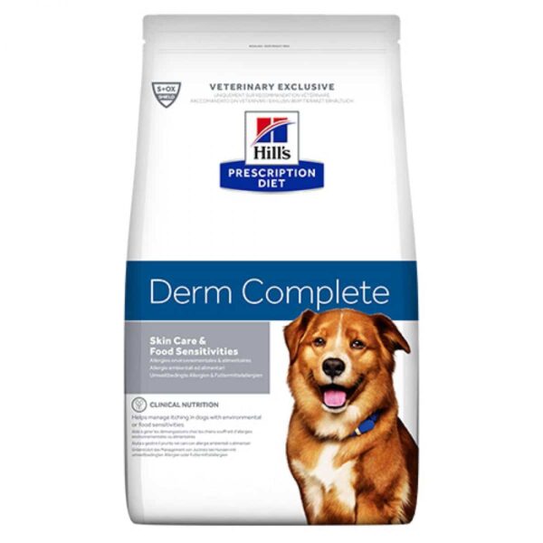 Hills – prescription diet derm complete canine – суха диетична храна за поддържане на кожата в случай на дерматоза и загуба на козина, при хранителни непоносимости при кучета в зряла възраст от средни едри породи (над 11кг) 12кг