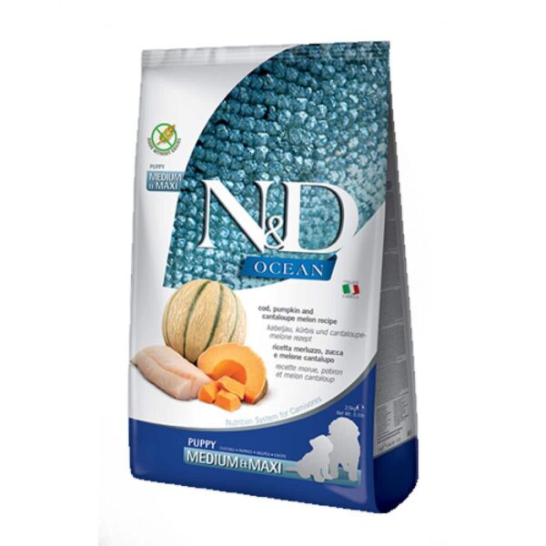N&d – ocean dog cod, pumpkin & cantaloupe melon puppy medium & maxi – пълноценна храна за подрастващи кученца 12кг от средни и едри породи, бременни или кърмещи кучета