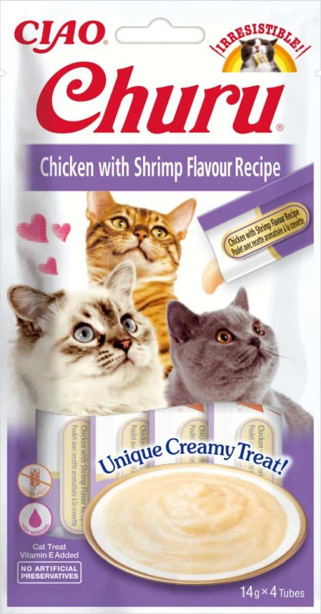 Inaba – churu puree – лакомство за котки нежен крем с пиле и скариди 4 бр в опаковка х 14гр
