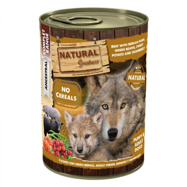 Natural greatness puppy beef with iberian pork – консерва за подрастващи кучета с телешко и свинско с бобчета, сладки картофи и боровинки 400гр