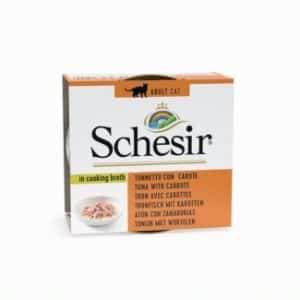 Консерви за котка - schesir broth tuna with carrot – консерва за котка с риба тон и моркови в бульон 70гр