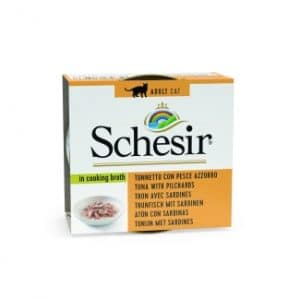 Консерви за котка - schesir broth tuna with pelagic fish – консерва за котка с риба тон и сардини в бульон 70гр