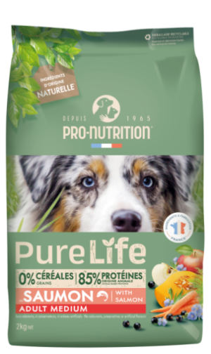 Pro-nutrition flatazor purelife medium adult with salmon – суха храна за кучета от средни породи със сьомга без зърнени храни 2кг