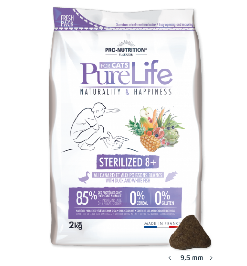 Pro-nutrition flatazor - pure life cat sterilised 8+ - суха храна за котки с патешко и бяла риба над 8 години без зърнени храни 2 кг