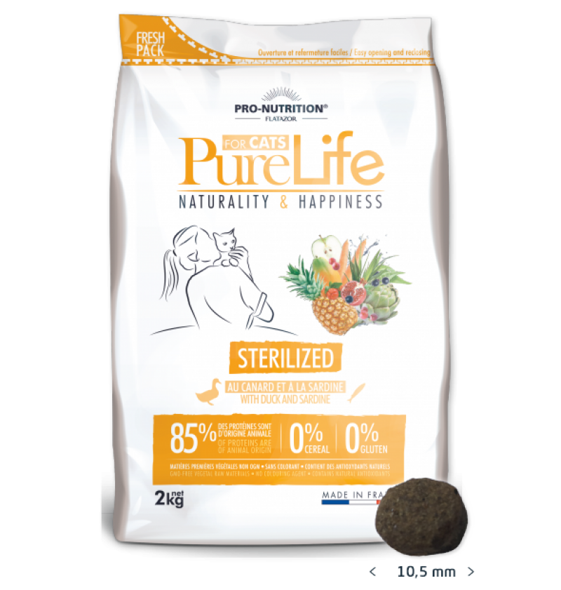 Pro-nutrition flatazor - pure life cat sterilised regular - суха храна за котки кастрирани или склонни към напълняване с патешко и сардини без зърнени храни 2 кг